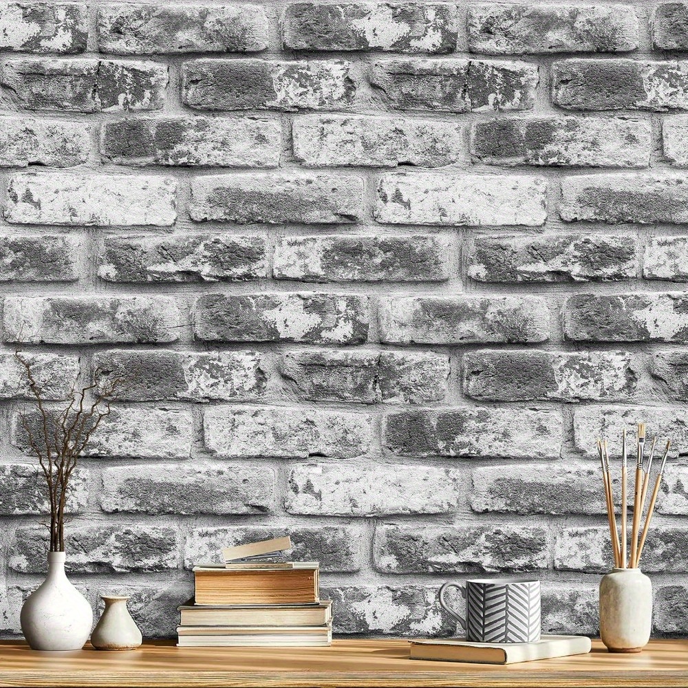 1 Roll Of Gray Brick Wallpaper, Artificial Brick Contact Paper, Used For Kitchen, Bedroom Furniture, Countertops, Home Decoration Stickers