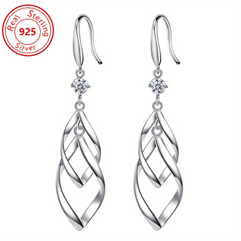 

A Pair Of S925 Pure Silver Twisted Fashion Earrings - Sparkling Zirconia - Low Allergy - Simple Silver Jewelry Earrings - Rotating Love Ear Pendant Medium And Long Earrings - Perfect Female Gift