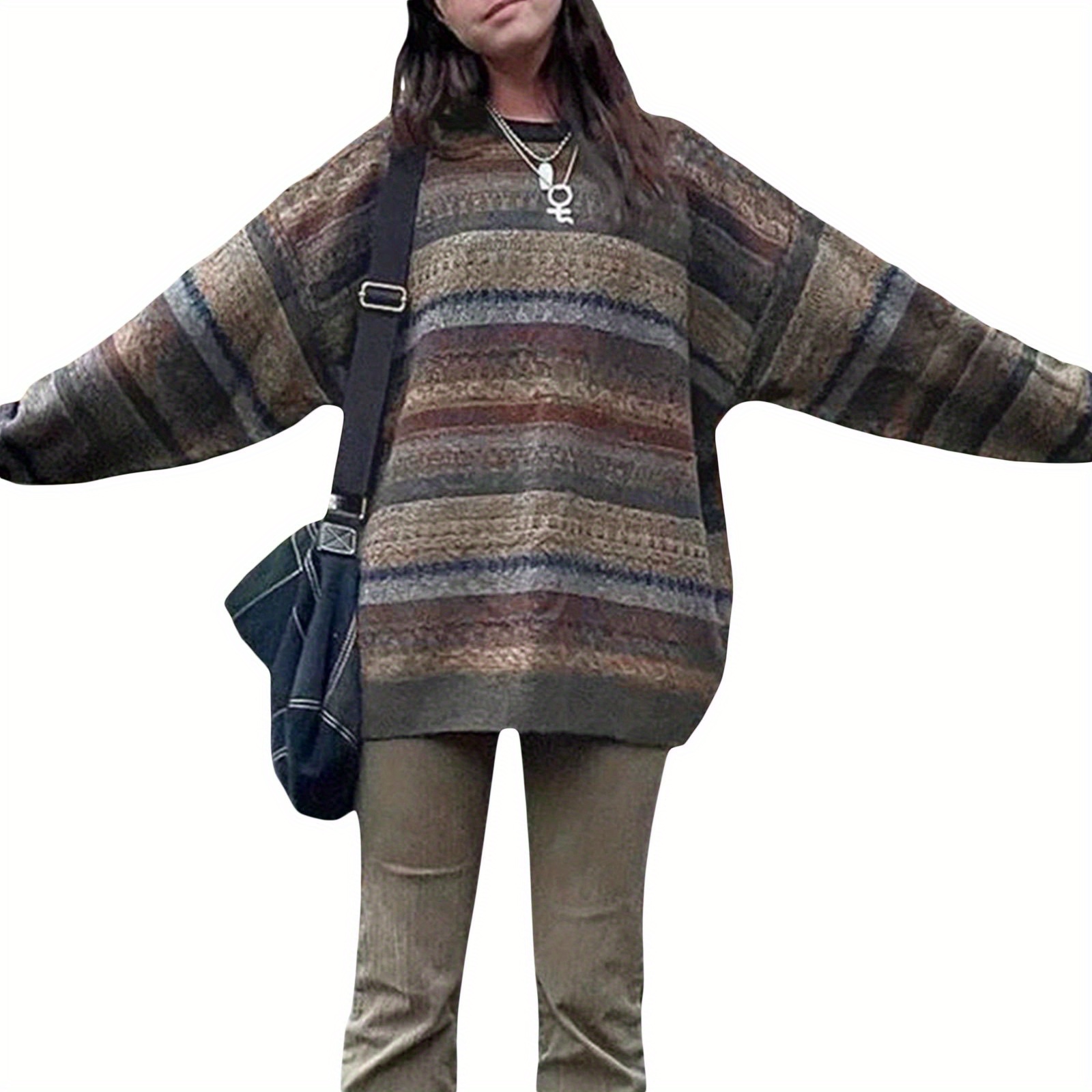

Women Sweater, Vintage Long Sleeve Crew Neck Striped Knit Pullover Tops For Casual Daily