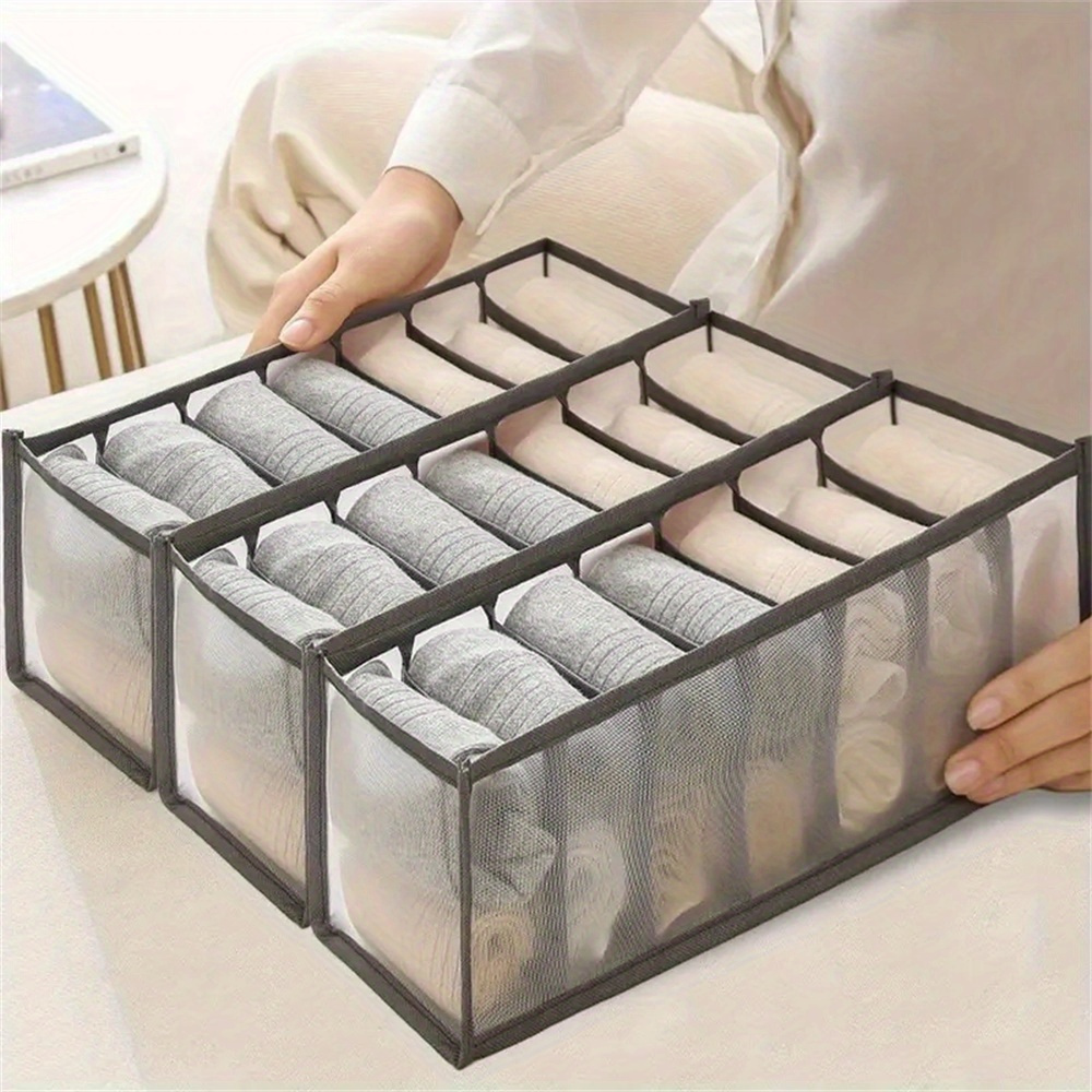 3 pack polyester fiber 7 grid wardrobe organizer bins drawer divider storage boxes for underwear socks ties fabric closet organizers for teens and adults details 0