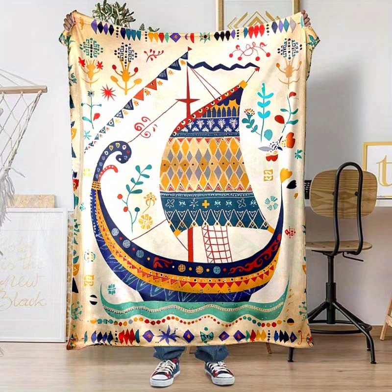 

Scandinavian Folk Art Sailing Boat Print Fleece Throw Blanket - Versatile Office Chair Mat & All-season Comfort For Napping, Home & Camping - Soft Cozy Polyester Gift For Family And Friends