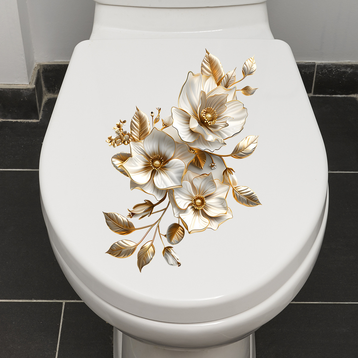 

Matte Finish Floral Toilet Lid Decal With Gold Accent Leaves - Irregular Shaped, Single Use Sticker, For Ceramic Surfaces, Self-adhesive Plastic Decoration, Plant Theme For Bathroom Embellishment