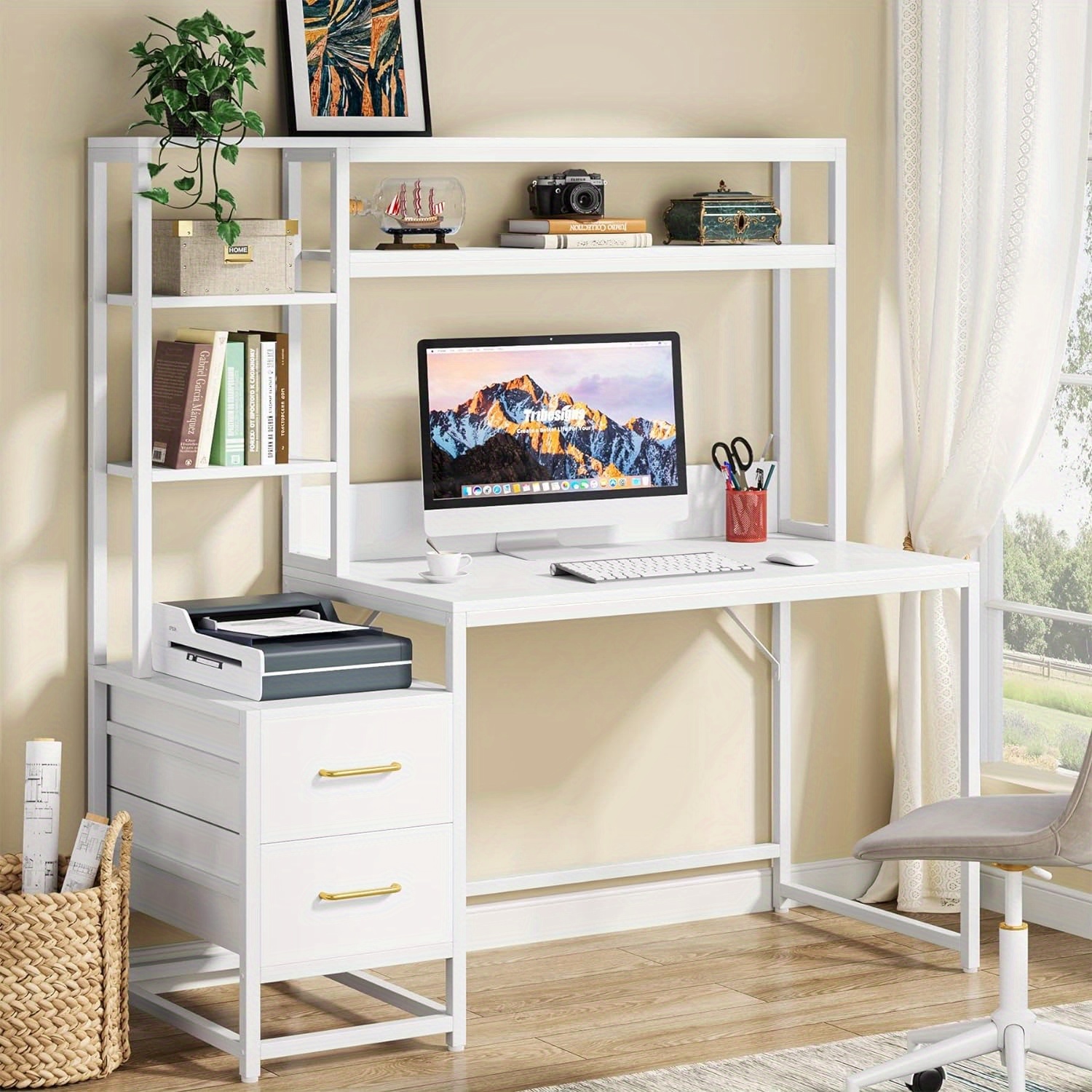 Home store Office Workstation Computer Desk with Drawers and Storage, White