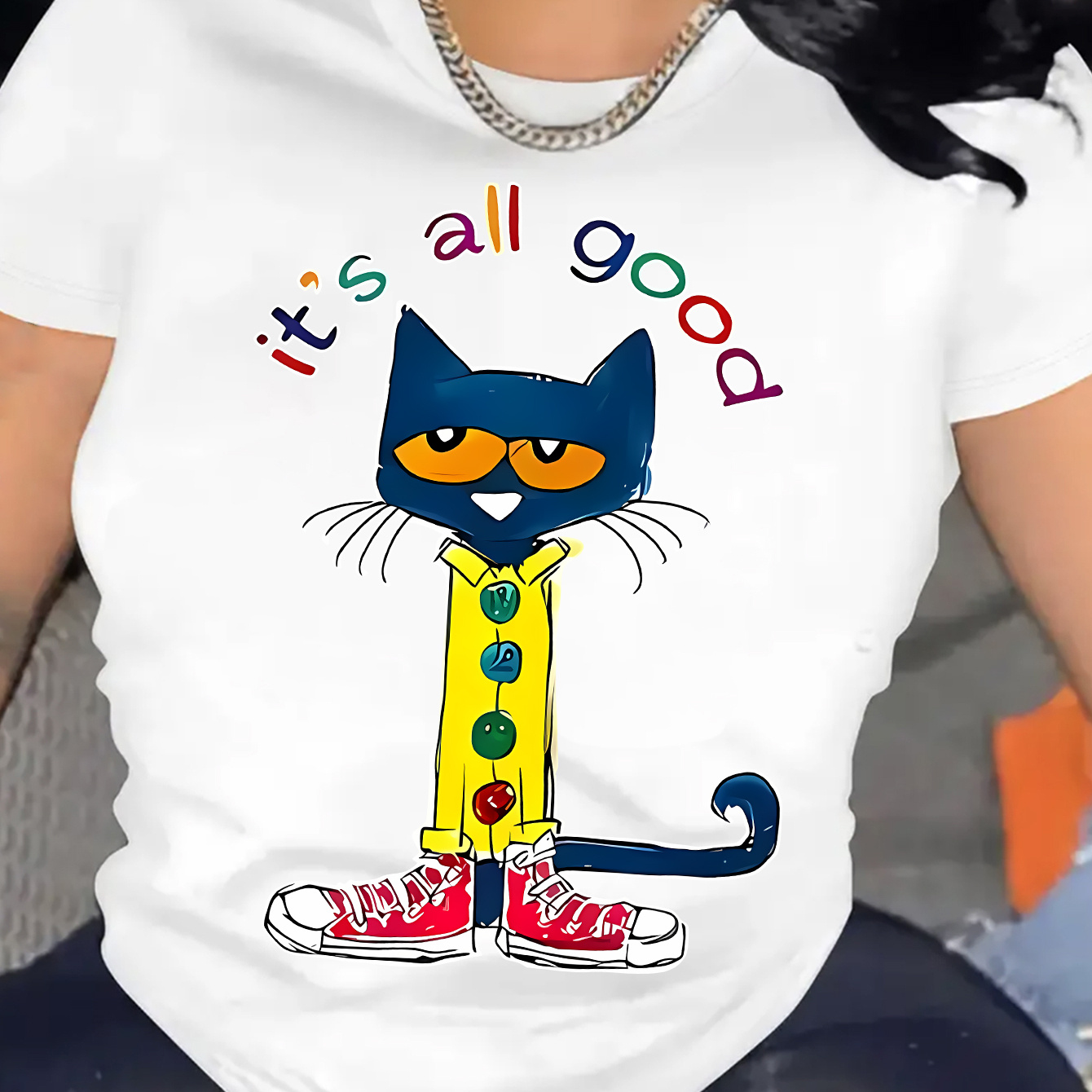 

Funny Cartoon Cat Print Crew Neck T-shirt, Casual Short Sleeve T-shirt For Spring & Fall, Women's Clothing