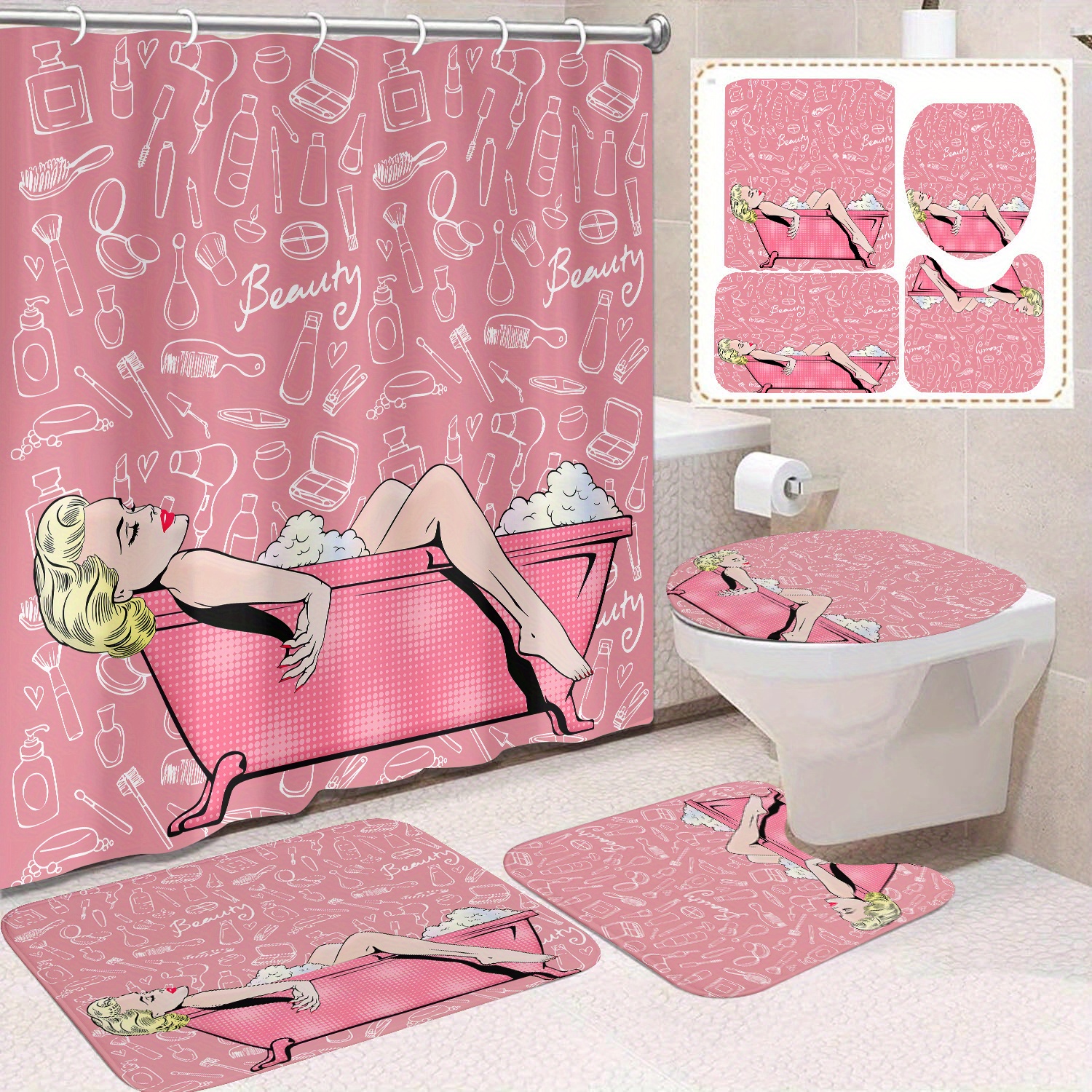 

[] 1/4pcs Bathtub Bathroom Shower Curtain Mat [4pcs Set]