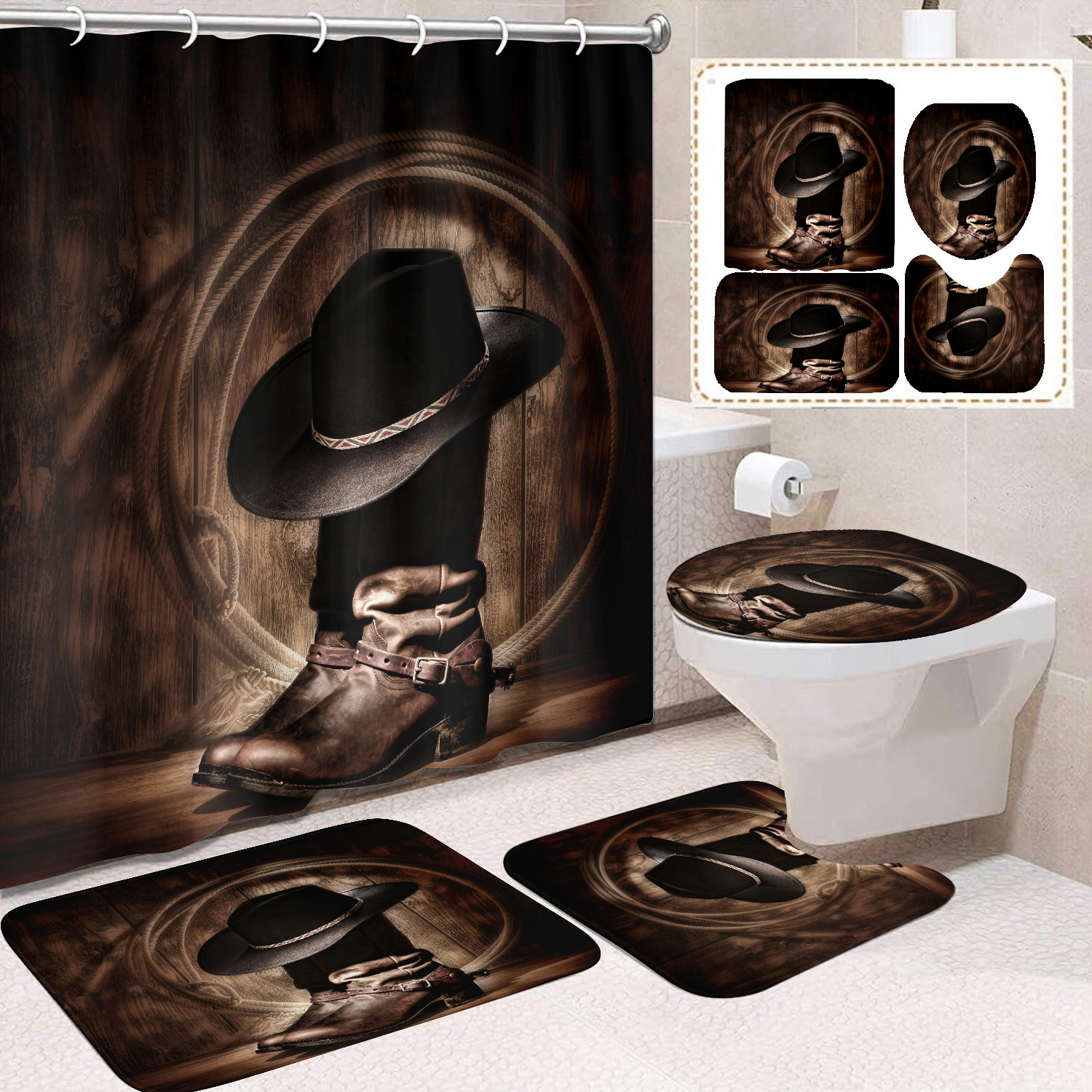 

[open] 1/4pcs Western Cowboy Hat Boots Bathroom Waterproof Shower Curtain Non-slip Mat 4pcs Full Set