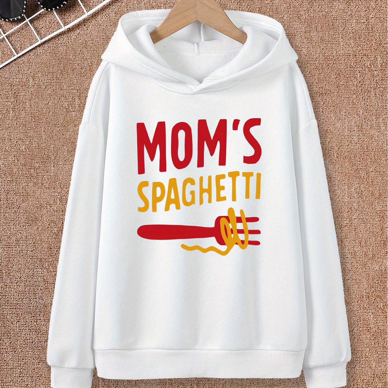 

Creative Mom's Spaghetti Print, Boy's Fashion Casual Comfy Round Neck Pullover Hoodies