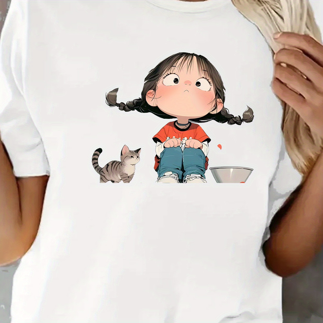 

Women's Casual Sport T-shirt, Round Neck, Short Sleeve, Cartoon Girl Print, Leisure Sports Wear