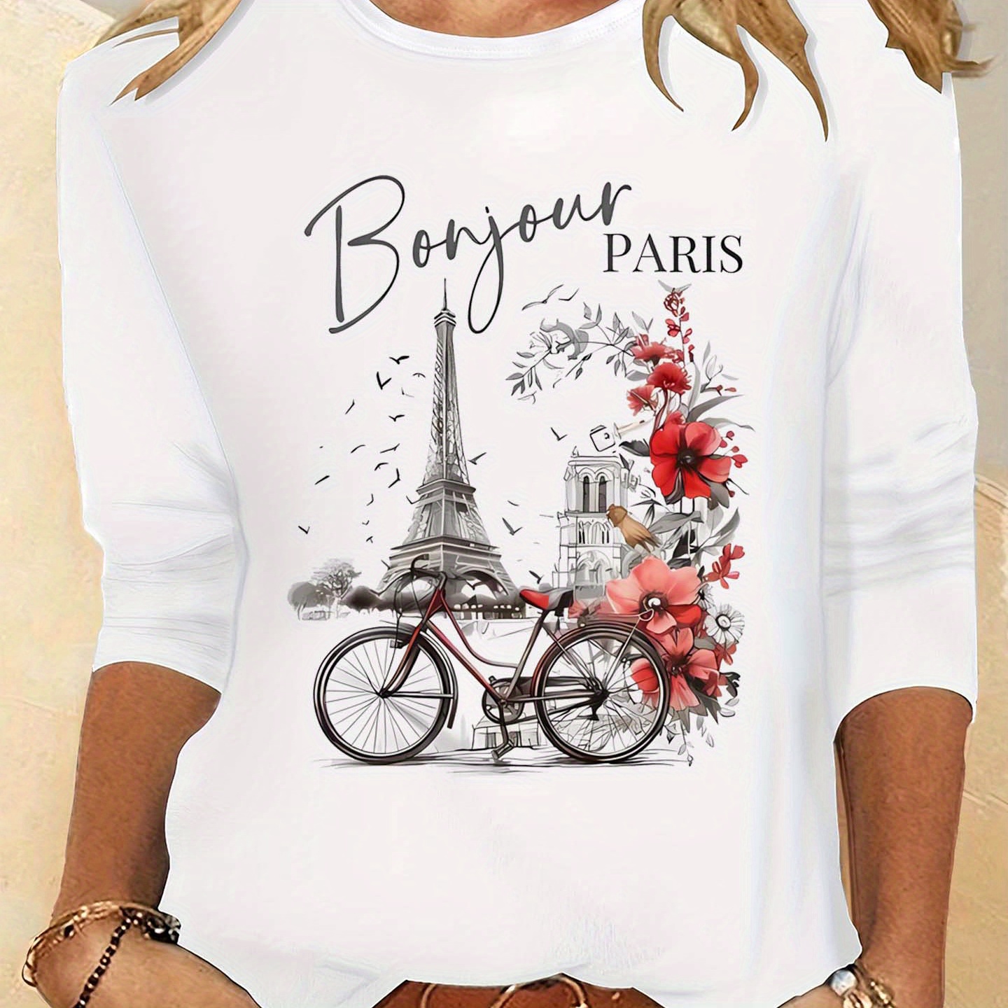 

Paris Neck T-shirt, Casual Long Sleeve Top For Fall & Winter, Women's Clothing