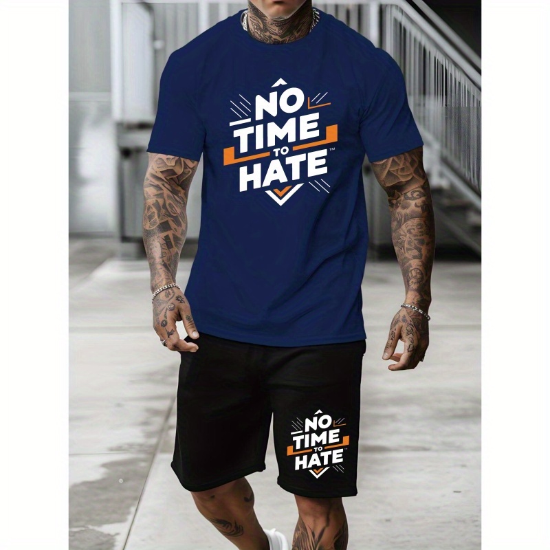 

No Time For Hate, 2pcs Men's Short Sleeves T-shirt & Shorts Co-ord Set, Casual Comfy Style, Summer Outfits Clothing