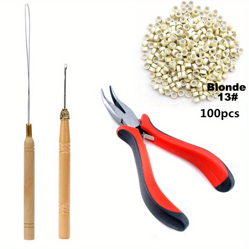 E-shop Komplettes Haarverlängerungswerkzeug-Set mit -Zangen, Zupf-Haken, Perlen-Device, 100 Stück 5mm Mikro-Links-Ringe - Robustes Werkzeug-Set für