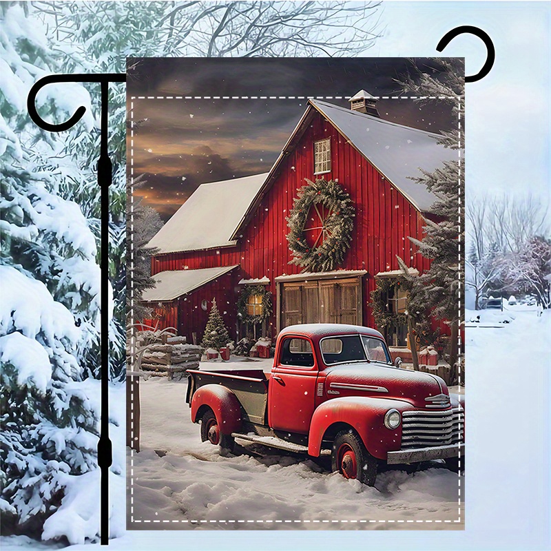 

Merry Christmas Garden Flag - Double-sided, Waterproof Outdoor Decor With Red Truck & Snowy House Design, Durable Polyester, 12x18 Inches