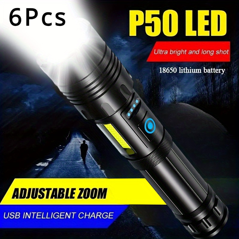 

6-pack Xhp50 High Brightness Flashlight With Built-in 18650 Battery And High Capacity Rechargeable Lithium Battery, Suitable For Various Outdoor Activities