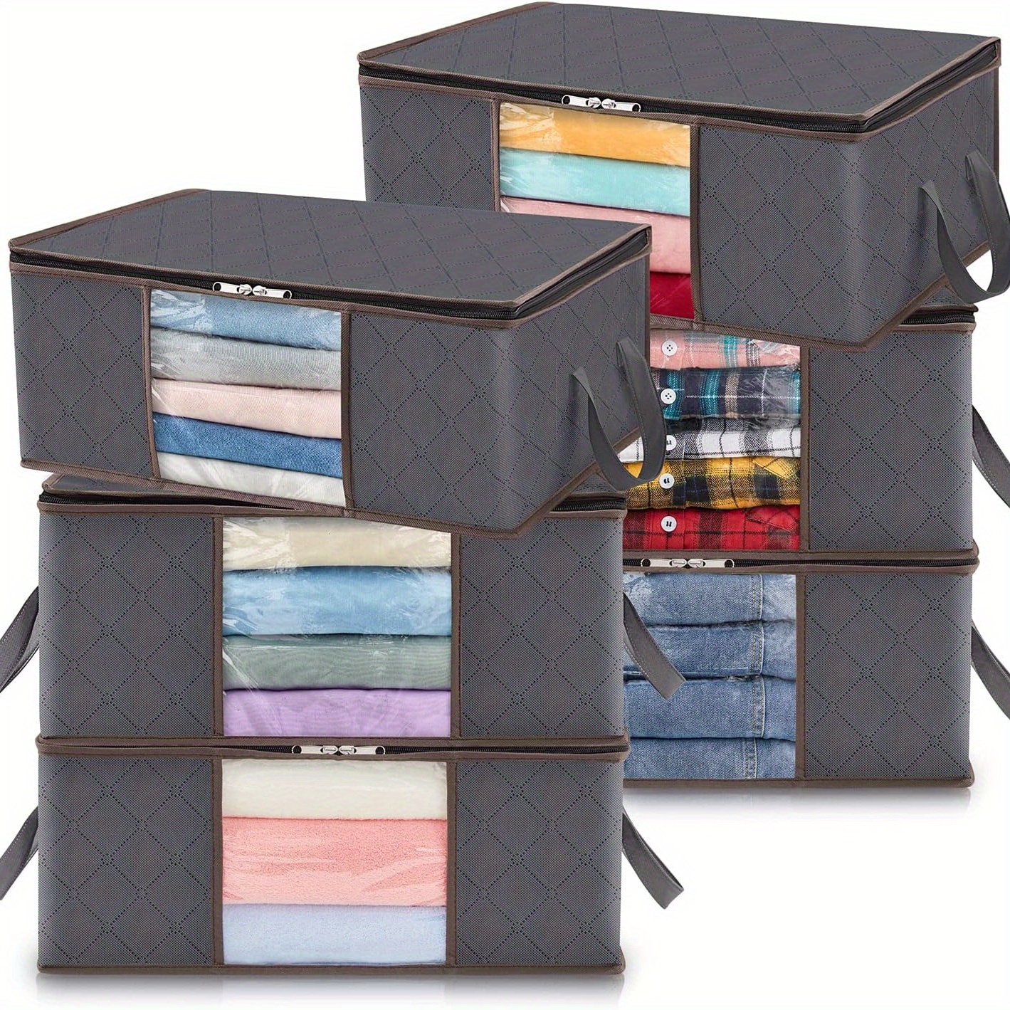 6 Pack, Clothes Storage Bag Foldable Organizer Bin With Reinforced Handle Sturdy Breathable Fabric Clear Window For Sweaters, Coats, T-shirts, Blankets, Grey, Under-bed Storage