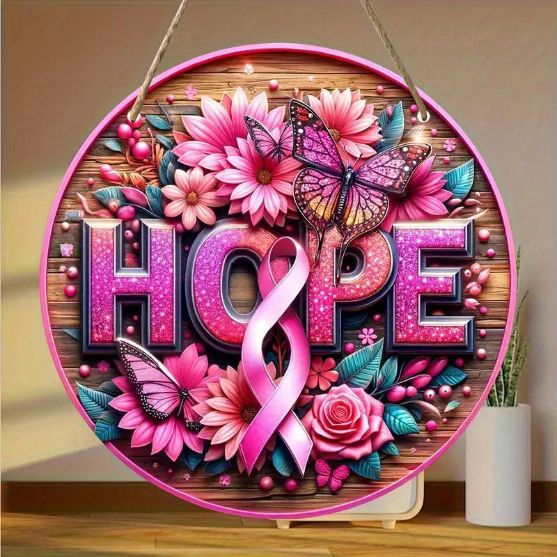 

Breast Cancer Awareness Wooden Wall Art - Hope Ribbon & Butterfly Design, Inspirational Gift For Adults, Handcrafted Decor With Sunflowers, 3d Layered Effect, No Electricity Needed, Featherless, 1pc