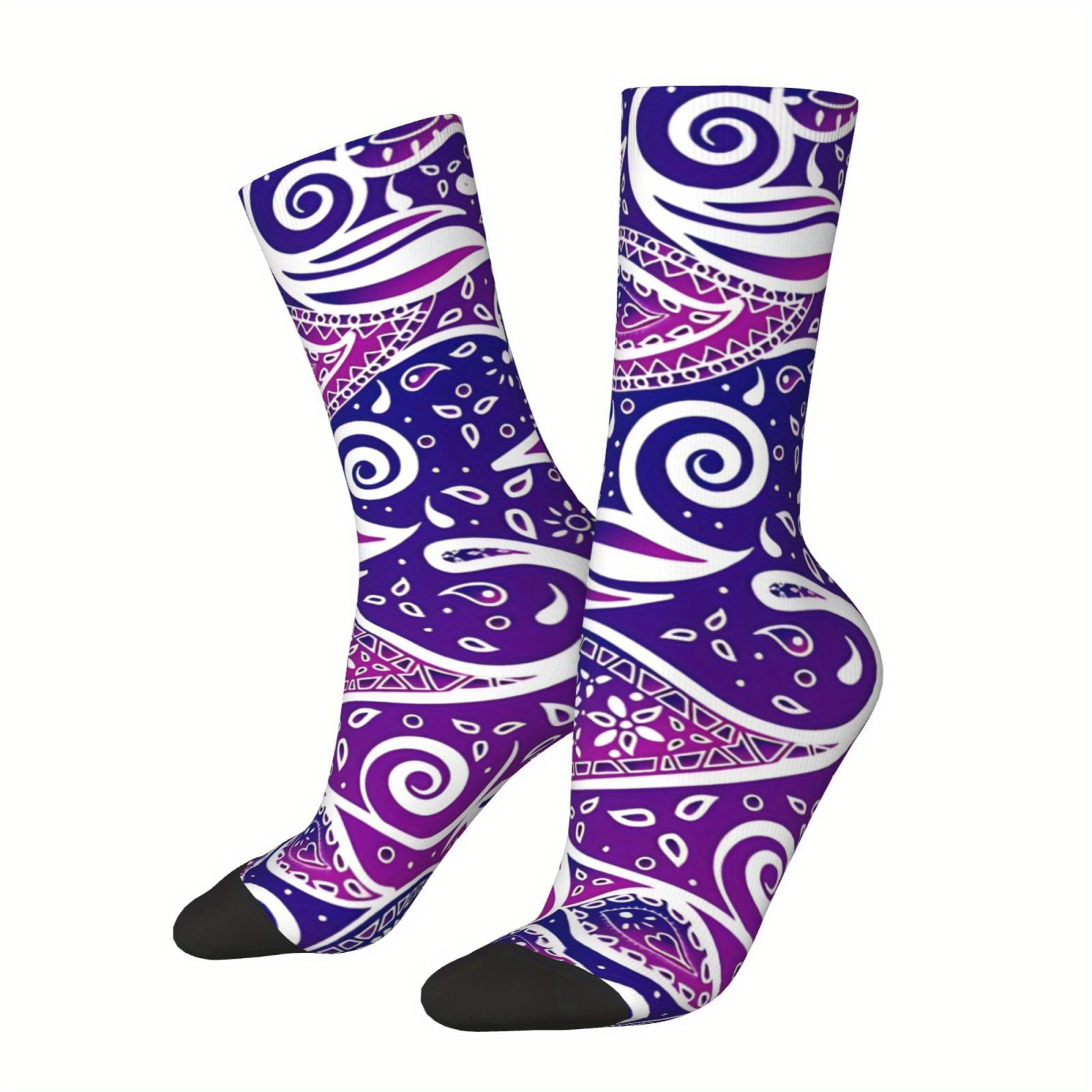 

1 Pair Men's Paisley Bohemian Art Crew Socks - Knit Polyester Fabric With Spandex, Comfortable Retro Hip Hop Style, Novelty Patterned For Gift, Machine Washable