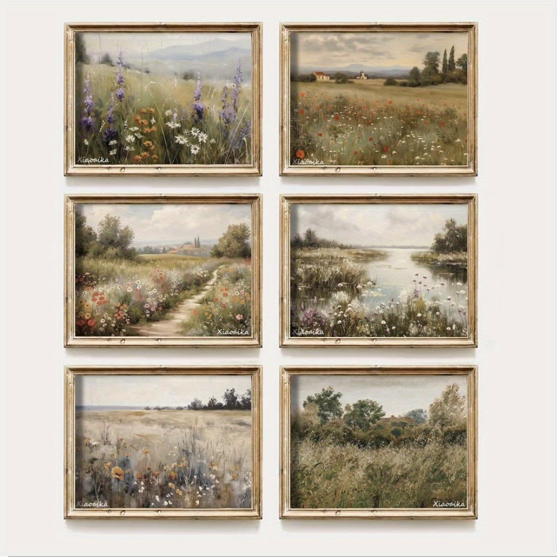 

6-piece Set Vintage Wildflower And Landscape Field Prints, Linen Textured Botanical Wall Art, Frameless Botanical Decor For Living Room, Bedroom, And Bathroom, 8x10 Inches