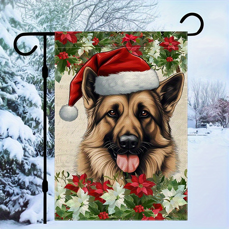 

1pc Polyester German Shepherd Christmas Garden Flag - Double-sided, Weather-resistant Yard Flag For Holiday Outdoor Decoration, Multipurpose Home & Garden Decor Without Flagpole - 12x18 Inches