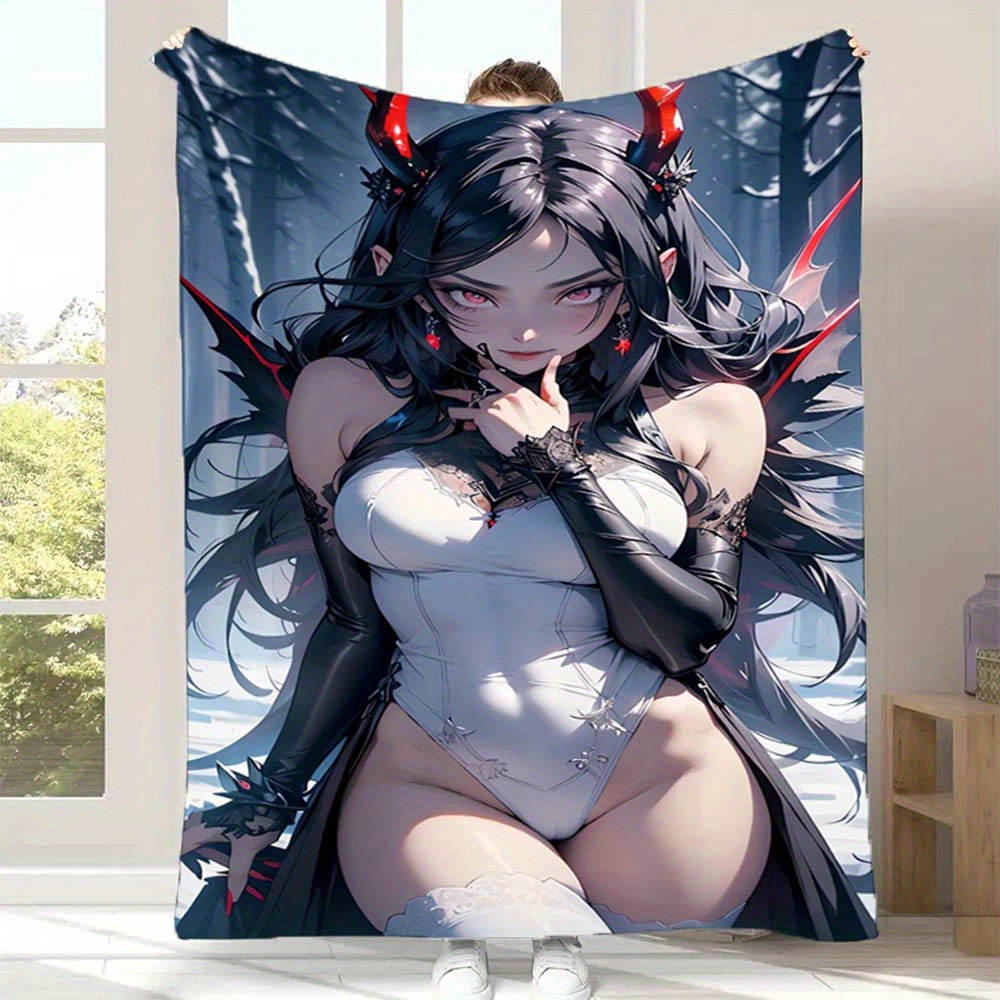 

1pc Horned Woman In White Dress Digital Print Blanket - Soft Warm Polyester Fleece, All-season Comfort For Sofa, Bed, Travel, Camping, Office Chair - Uncharged, Machine Washable Chunky Knit Throw