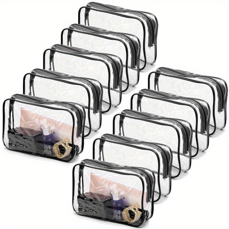 

10-pack Pvc Clear Cosmetic Bags - Portable Travel Toiletry Organizer With Reinforced Zipper, Unscented, Waterproof Makeup Pouch Set - Black