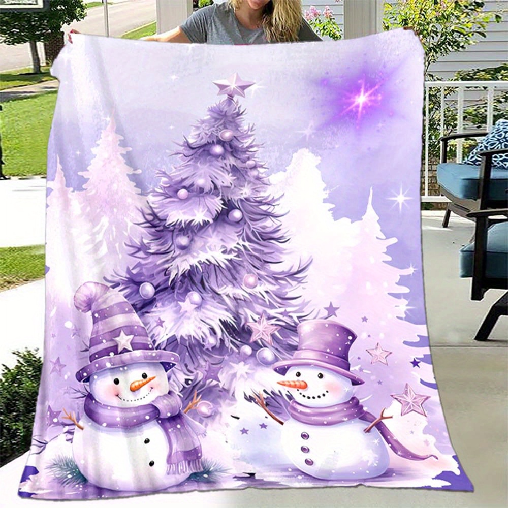 

Cozy Purple Christmas Tree & Snowman Fleece Blanket - Soft, Warm Polyester For Sofa, Bed, Travel & Camping