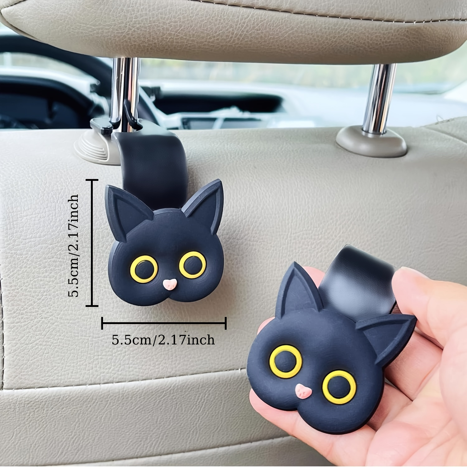 2-Pack 3D Cat Design Car Seat Headrest Hooks - Plastic Vehicle Storage Hanger for Handbag, Purse, Coat - Cute Car Accessories details 2