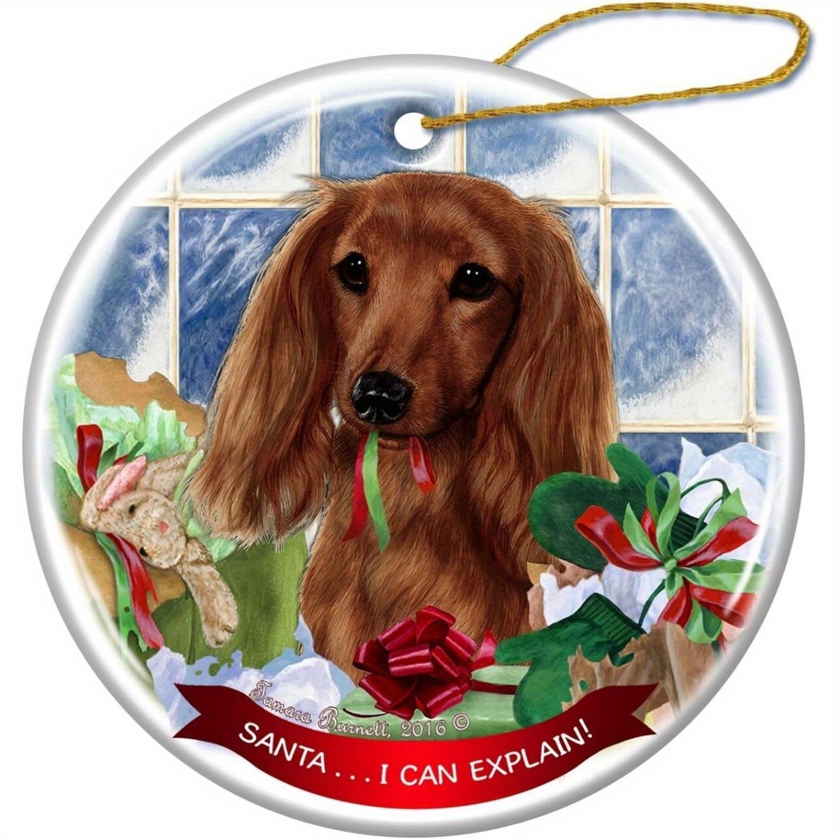 

Long Haired Red Dachshund Dog Porcelain Ornament 'santa.. I Can !'