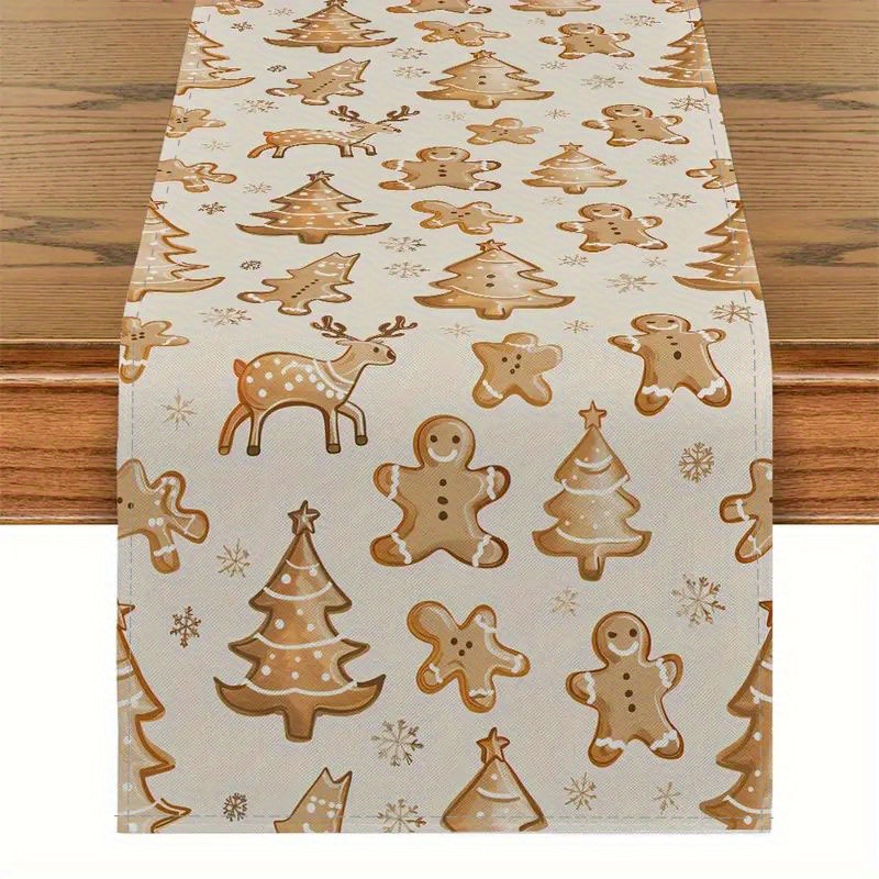 

Christmas Holiday Table Runner - Rectangular Polyester Knit With Gingerbread And Tree Design For Party And Home Decor