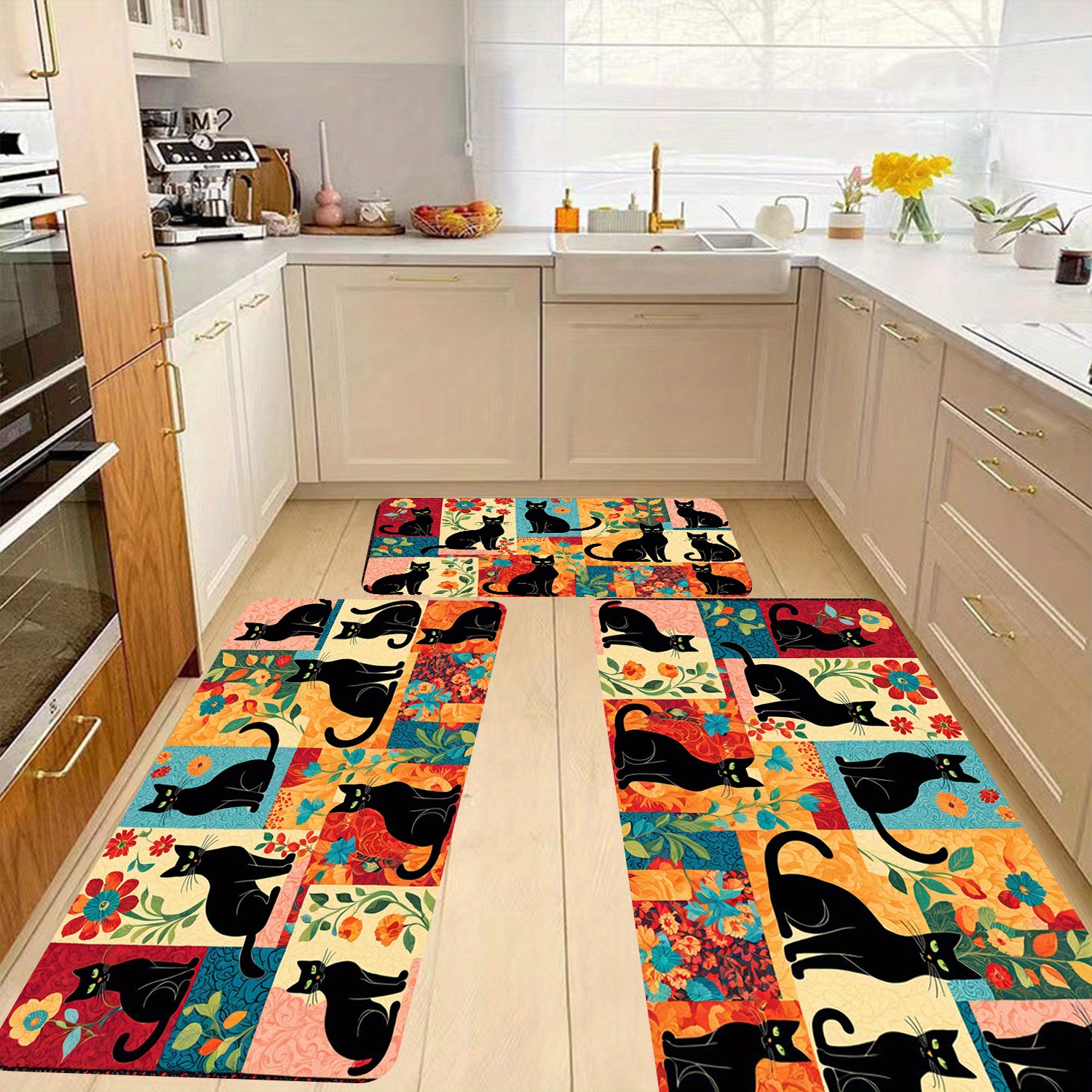 

3-piece Black Cat Kitchen Rug Set - Anti-slip, Oil-proof Thickened Flannel Floor Mats For Bedroom, Living Room, Bathroom - Machine Washable Polyester Kitchen Runner With Absorbent, Non-skid Design