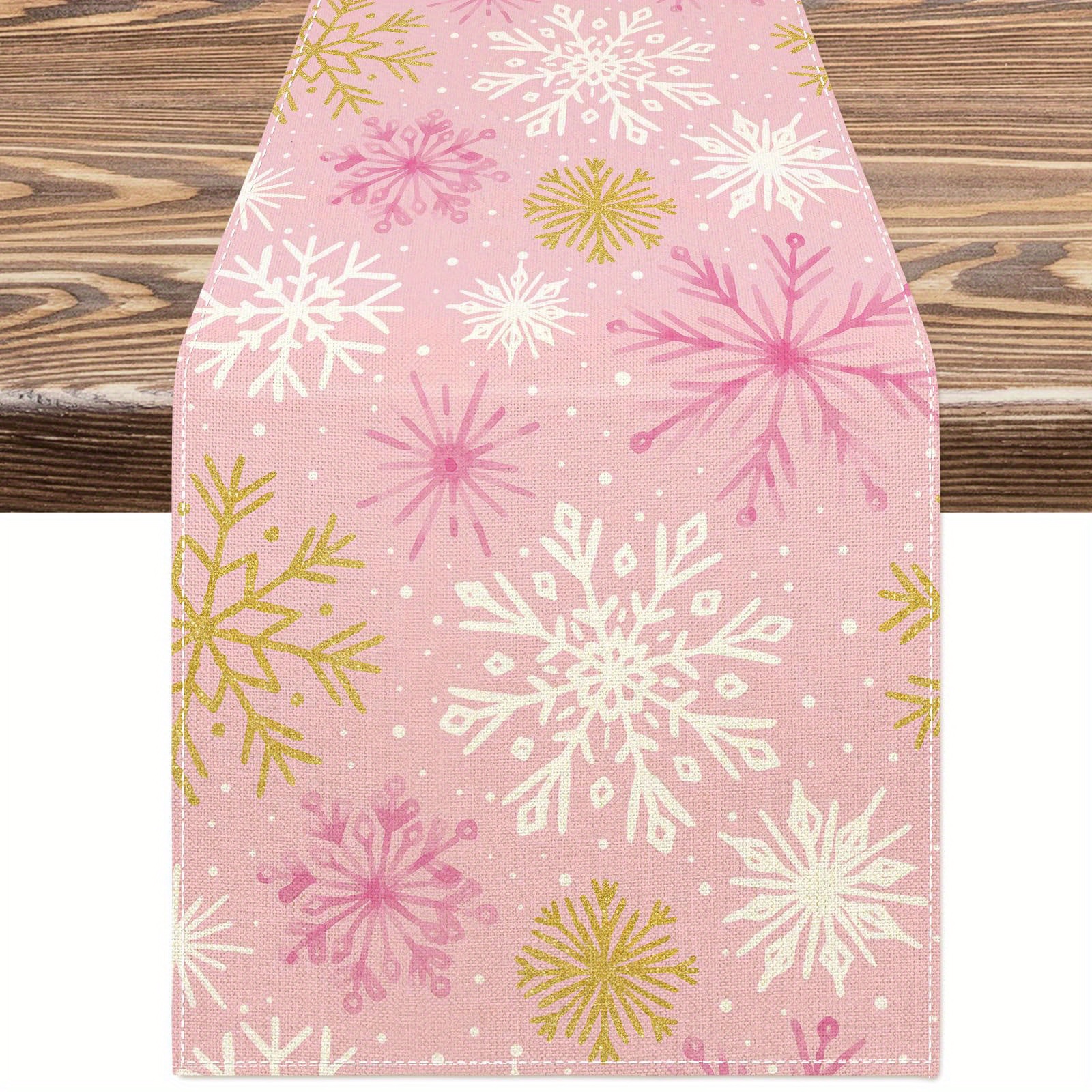 

Festive Christmas Table Runner: Winter Wonderland With Rose Golden Snowflakes - Perfect For 2-10 Persons - Fits 36"x20" To 108"x274" Tables