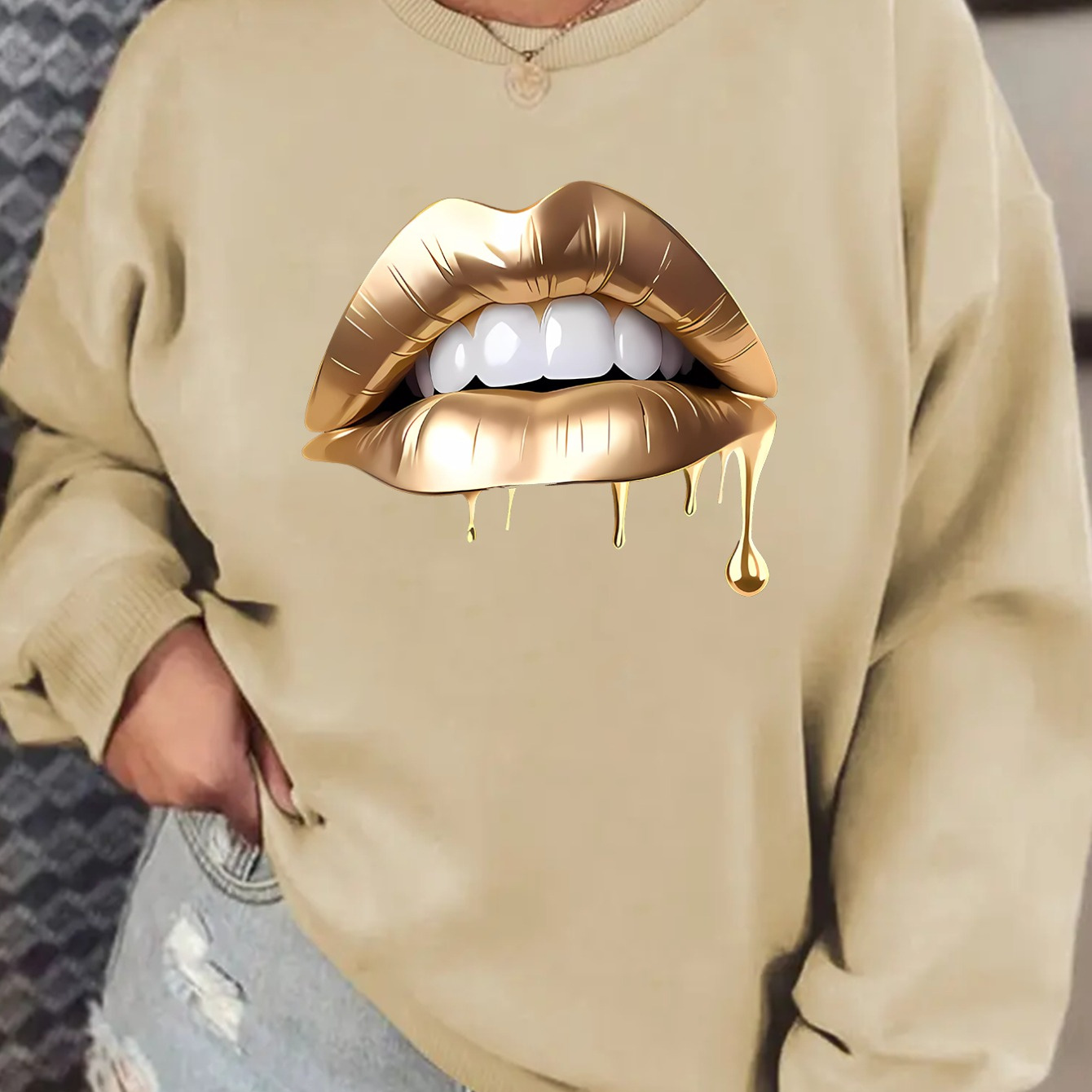 

Lips Graphic Print, Crew Neck/ Round Neck Casual Sweatshirt, Long Sleeve Pullover Sweatshirt For Fall & Winter, Women's Clothing