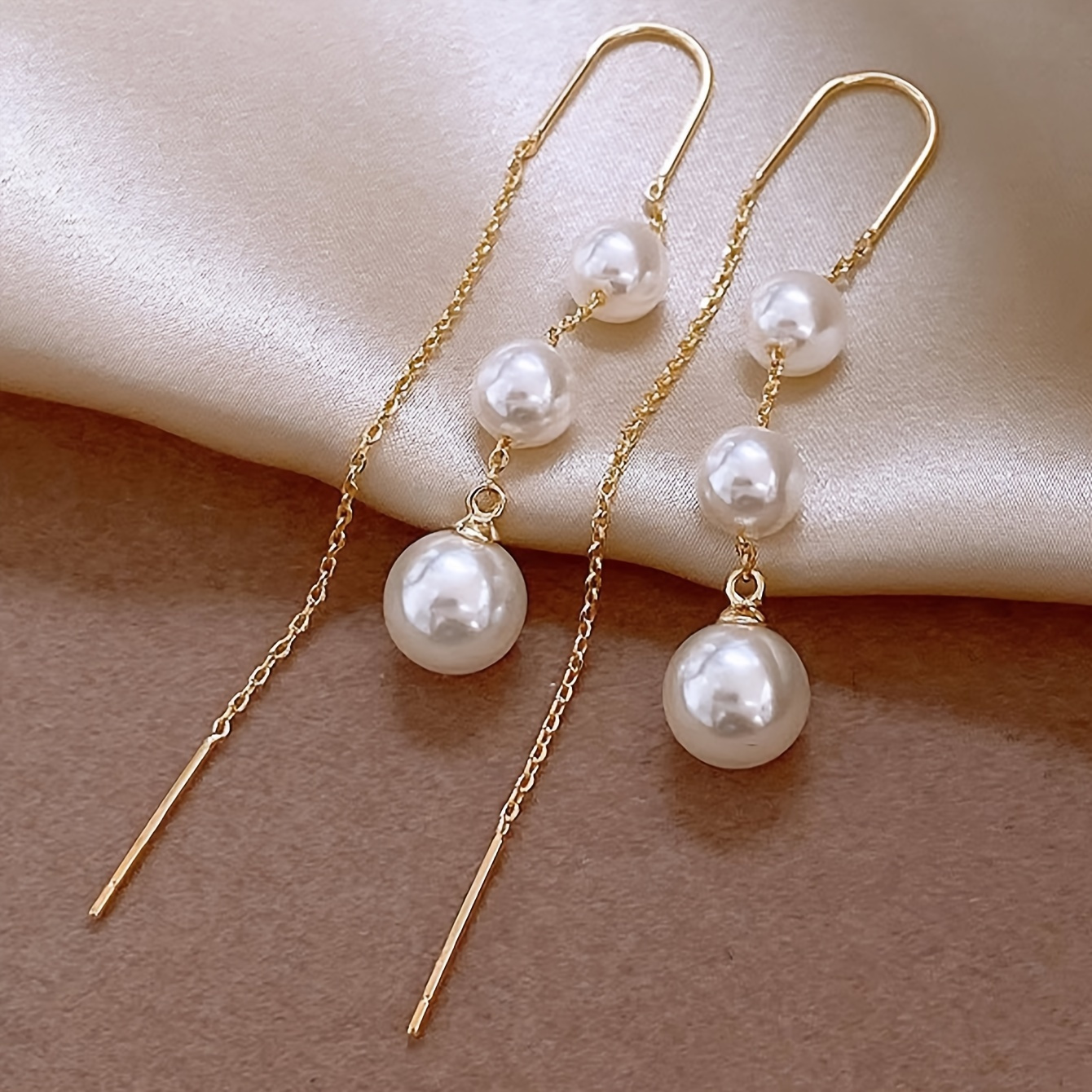 

Elegant Faux Pearl Earrings, Gold-tone Alloy Linear Drop Dangle Earrings For And Parties