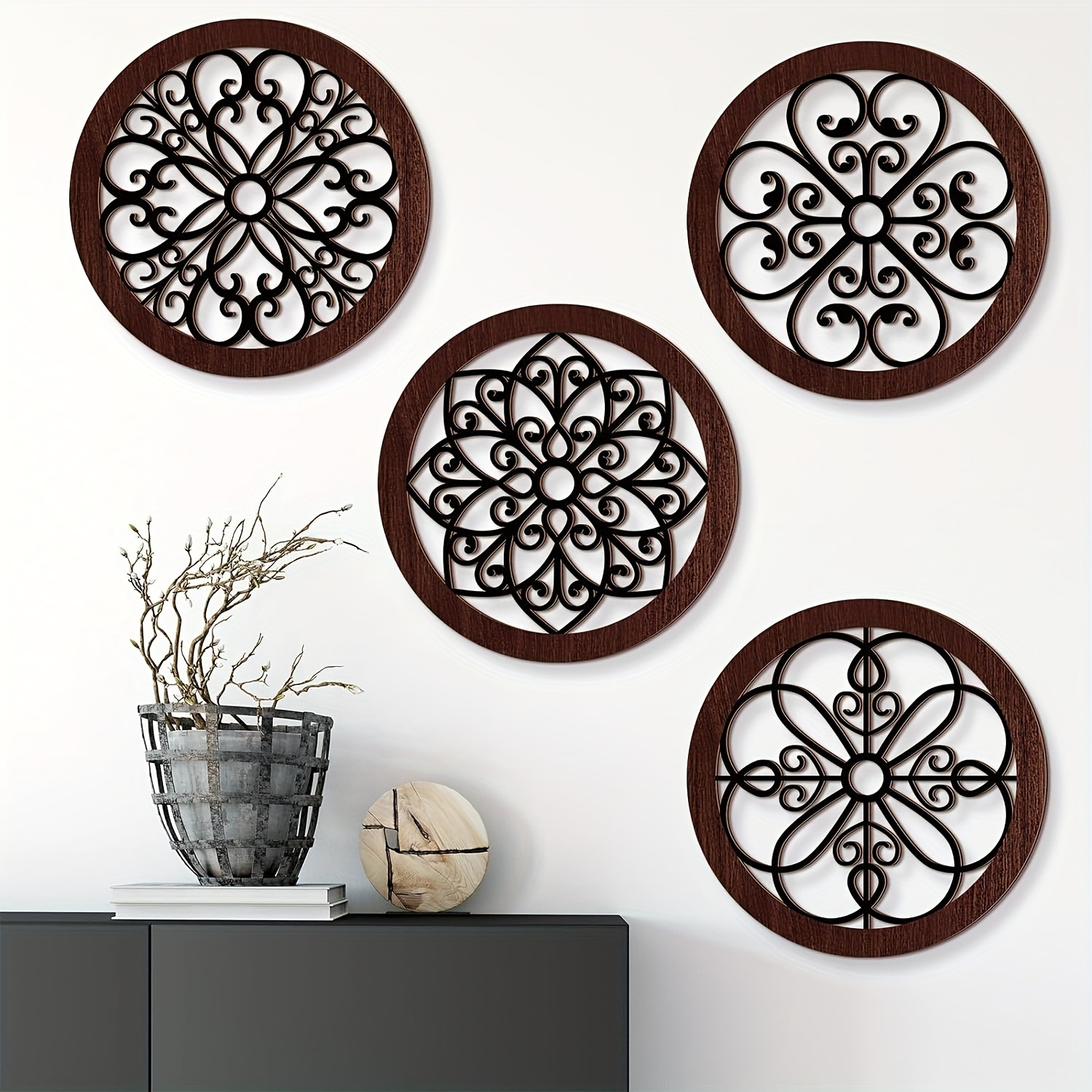 

4pcs Set Rustic Farmhouse Wall Decor - 10x10 Inch Brown Wooden Hollow Carved Design For Living Room, Bedroom, Office & Kitchen