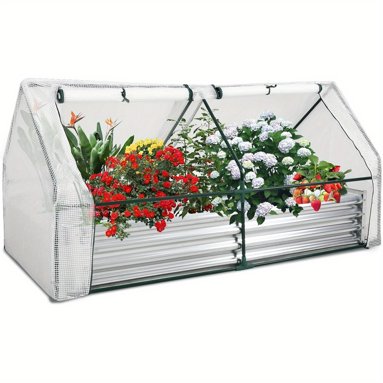 

6 X 3 X 3 Ftgalvanized Raised Garden Bed With Extra Thick Metal Planter Box Greenhouse Kit;with 2 Roll-up Doors For Outdoor Gardening , Keep Warm And Block Out Animals Enter