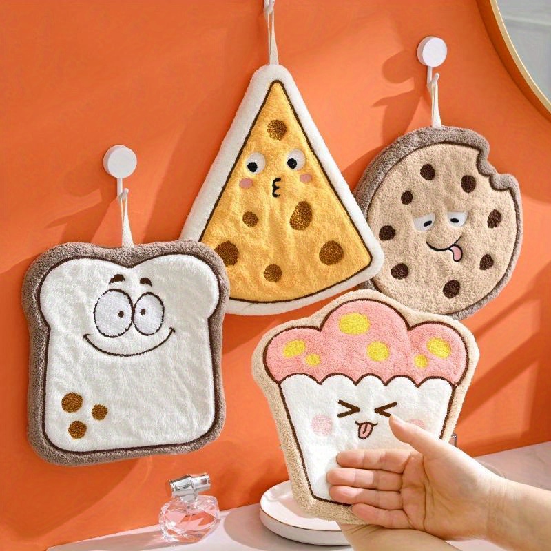 

1pc Cartoon Food Shaped Hand Towel - Fleece, Quick-dry Absorbent Towel For Bathroom, Kitchen - Cheese, Bread, Cookie Design Hanging Wipe Cloth - No Electricity Needed, Novelty Handkerchiefs