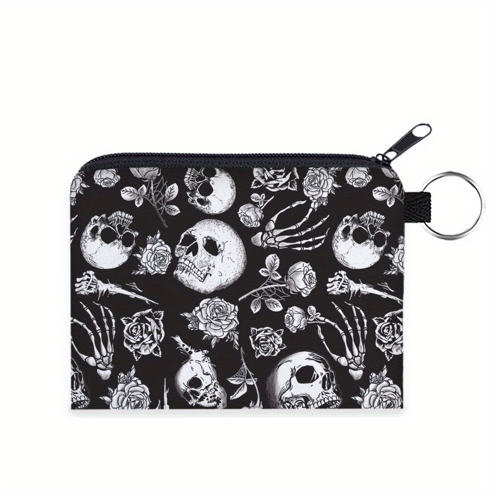 Women's Polyester Portable Coin Purse With Halloween Black Skull Hand Bone Rose Pattern, Multi-functional Holder Coin Pouch Earphone Bag Holiday Gift 22646
