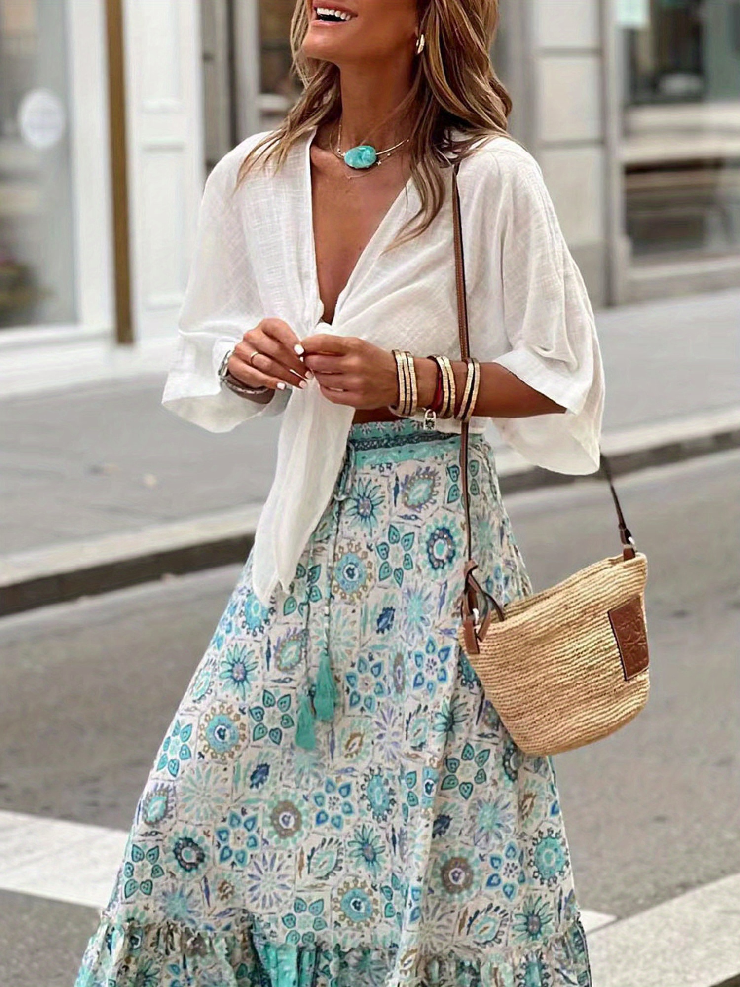 Aesthetic Long Floral Skirt Women's Boho Floral Print Hem Skirt