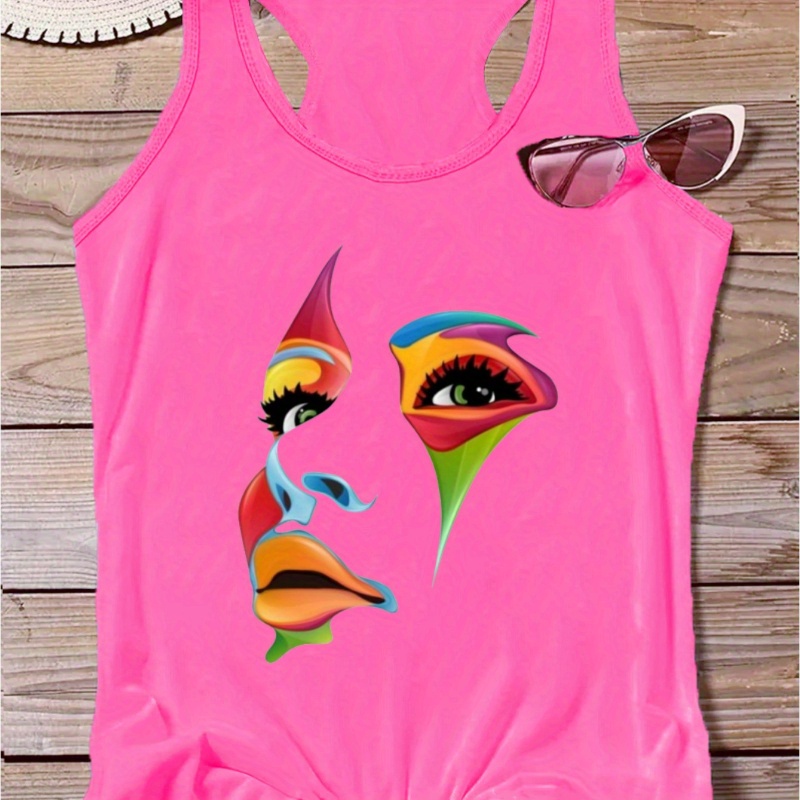 

Cartoon Face Print Crew Neck Tank Top, Casual Sleeveless Tank Top For Summer, Women's Clothing