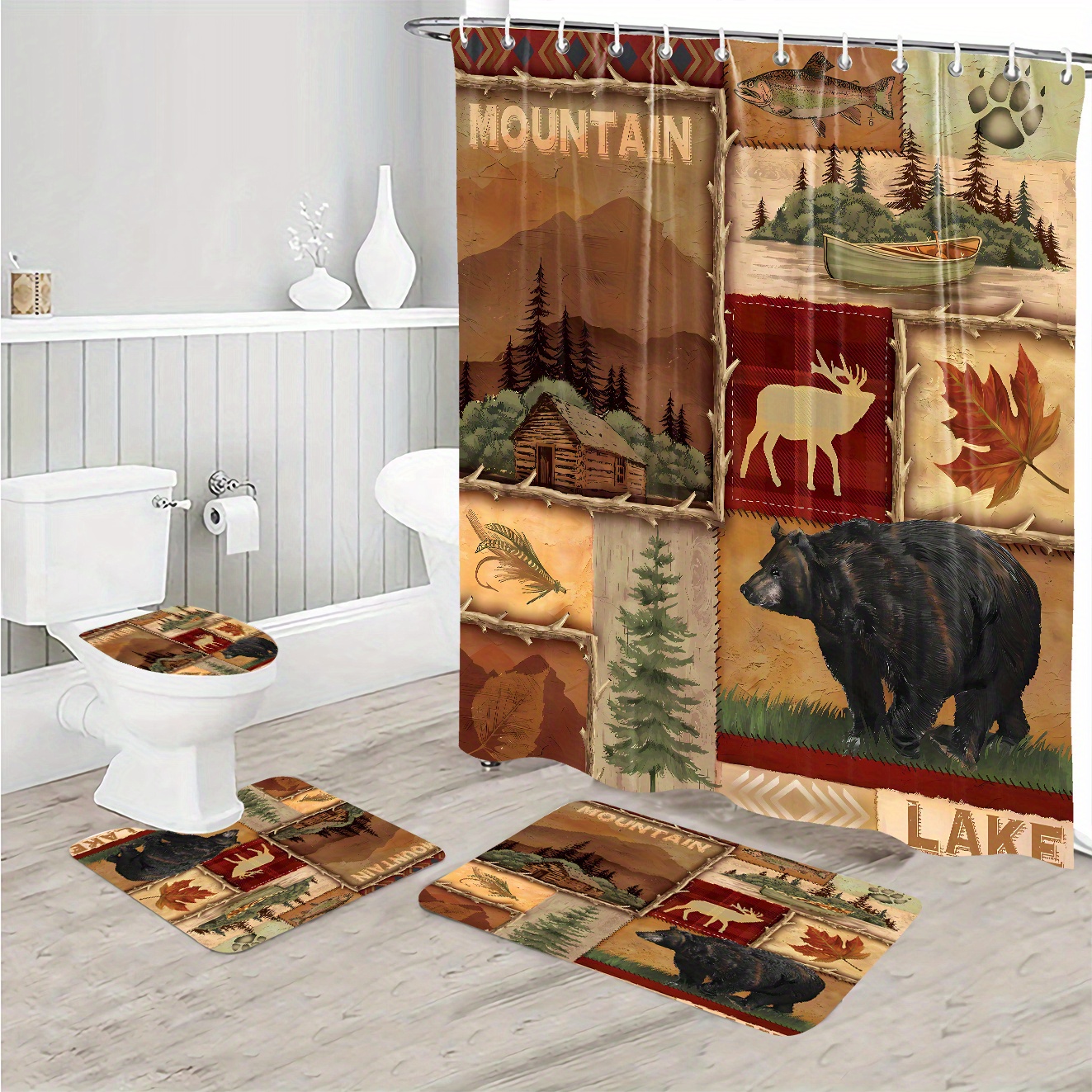 

Rustic Wildlife Shower Curtain Set With Non-slip Bath Mats - Knit Polyester, Water-resistant, Includes U-shaped Pad & Toilet Lid Cover, 12 Hooks, Bear & Moose Forest Design, Bathroom Decor Ensemble