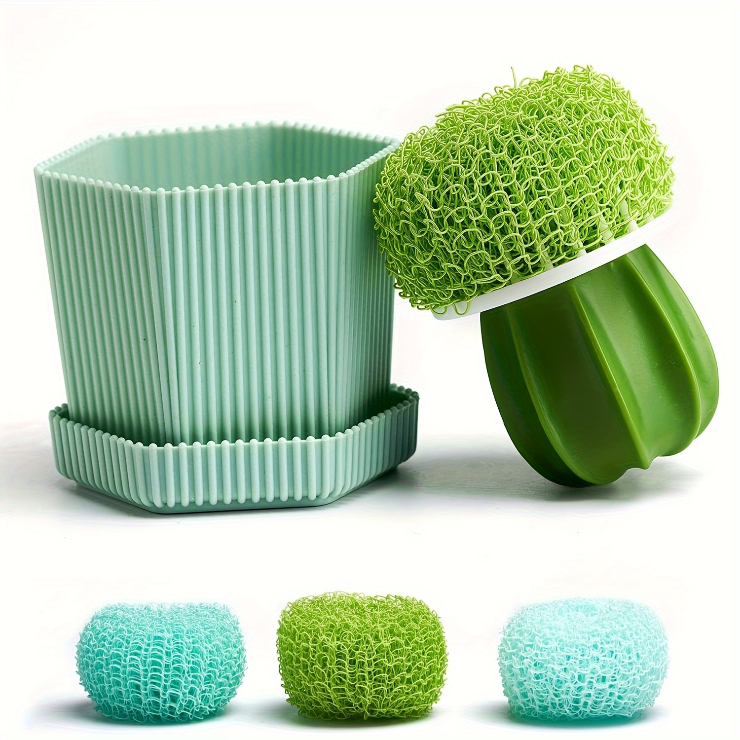 

Ensemble de 5 Mini Brosses Cactus avec Bac de Goutte - Épurateurs de Cuisine Durables pour Vaisselle, Casseroles & Éviers | 3 Têtes Remplaçables