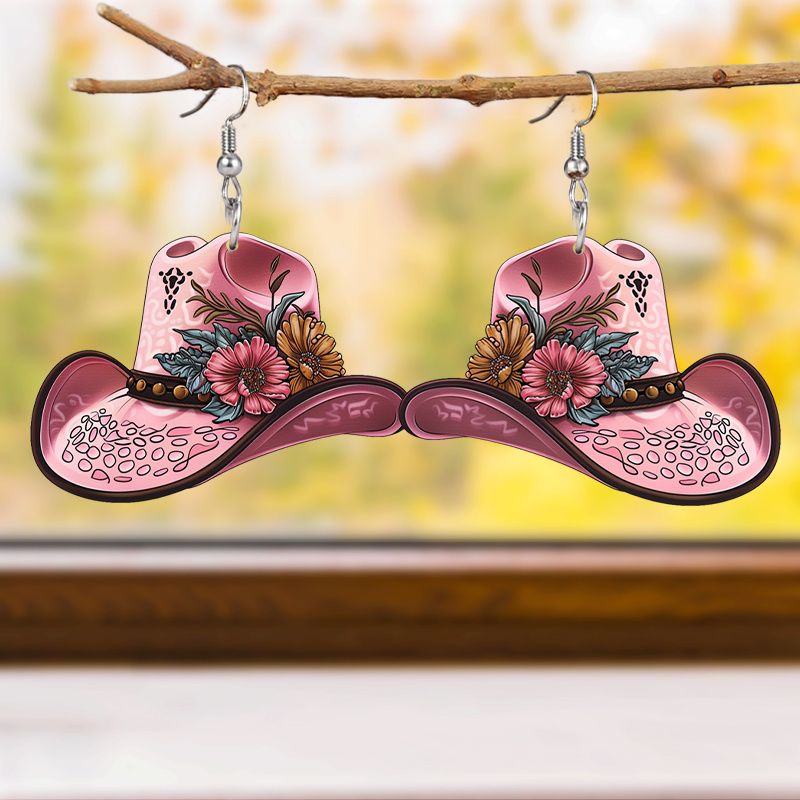 

Chic Pink Hat & Floral Acrylic Drop Earrings - Western Cowboy Style, Parties & Gifts