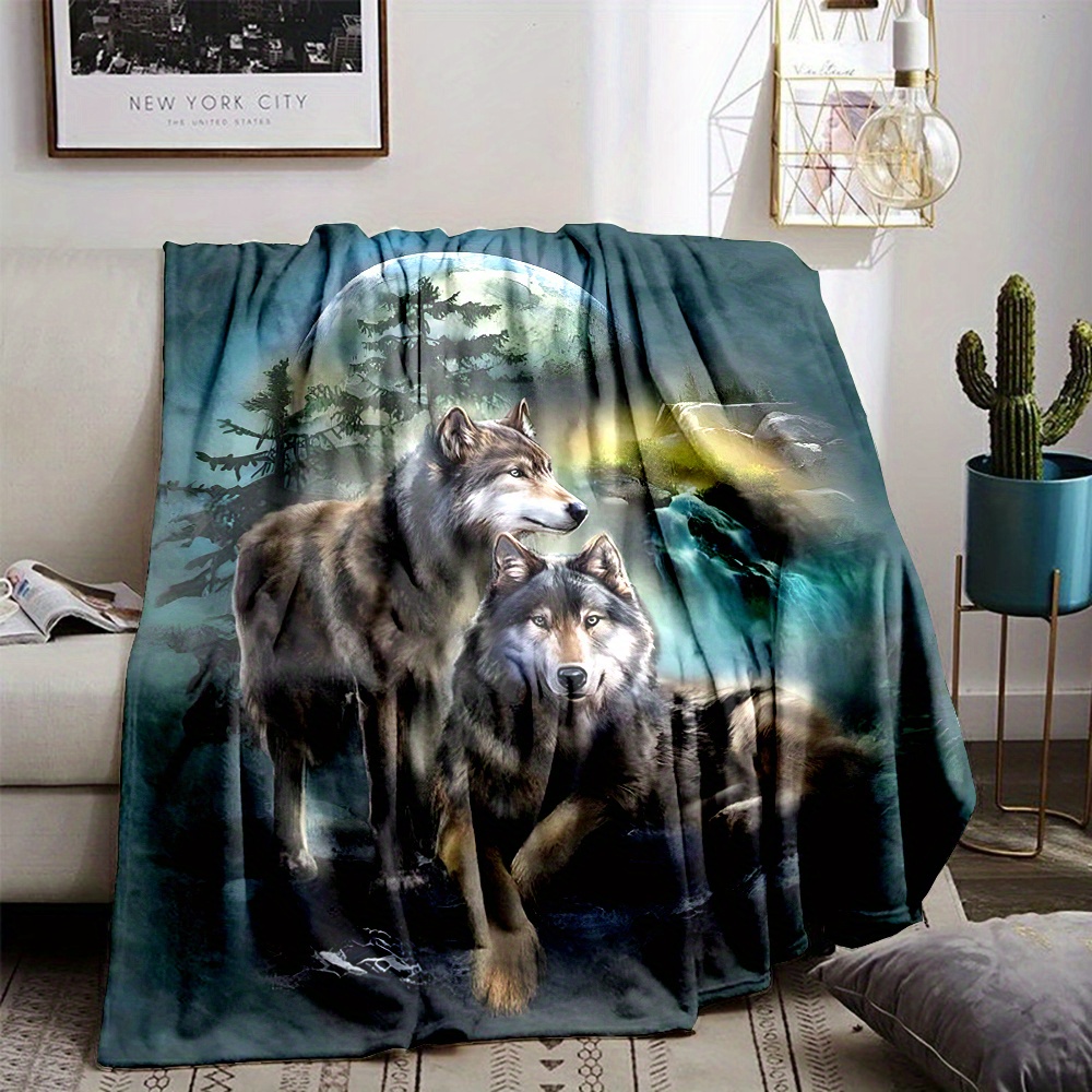 TEMU [cozy Wolf Blanket] Cozy Wolf-themed Flannel Throw Blanket | Reversible For All - Perfect For Bed, Sofa, Camping & Travel -