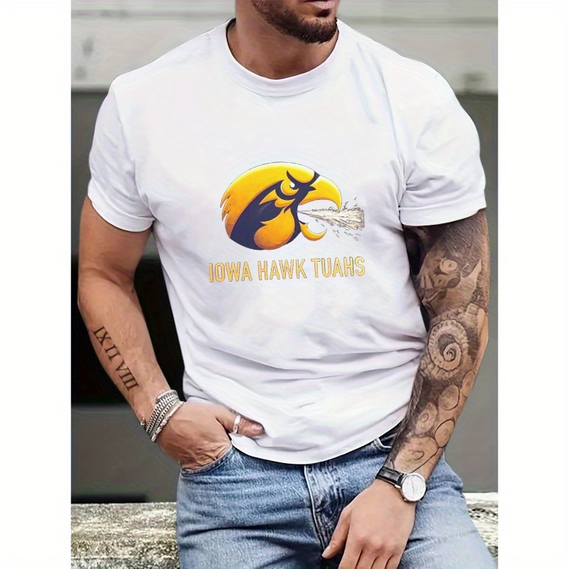 

Iowa Hawk Graphic Tee For Men - Plus Size, Casual Short Sleeve T-shirt With Crew Neck, Breathable Polyester, Summer, Plus Size