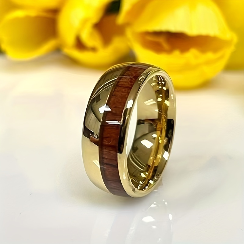 

Tungsten Steel Ring With Wood Grain Inlay, Retro Style, Single Band Men's Ring