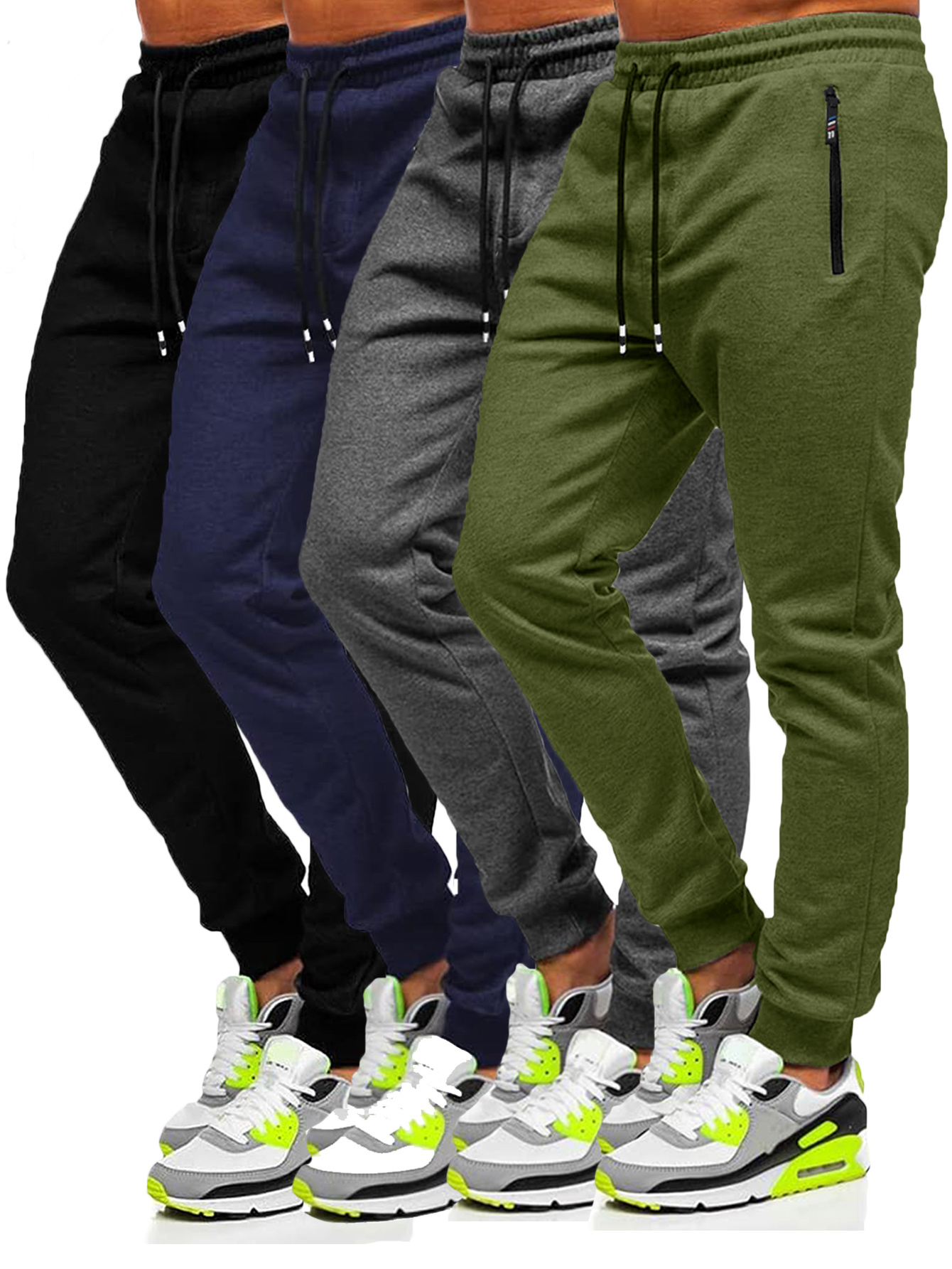 4pcs Men's Slim Fit Jogging Sweatpants with Zippered Pockets, Elastic Drawstring, Polyester and Spandex Blend, Solid Color Sports Apparel for Gym Workout Running