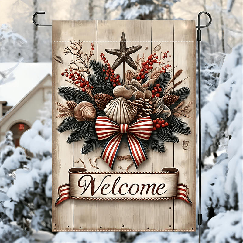 

1pc Christmas Greeting Garden Flag - Double Festive Garland Outdoor Courtyard Flag - With Durable Home And Lawn Trim (without Flagpole) - Double Sided Waterproof Burlap Flag 12x18inch