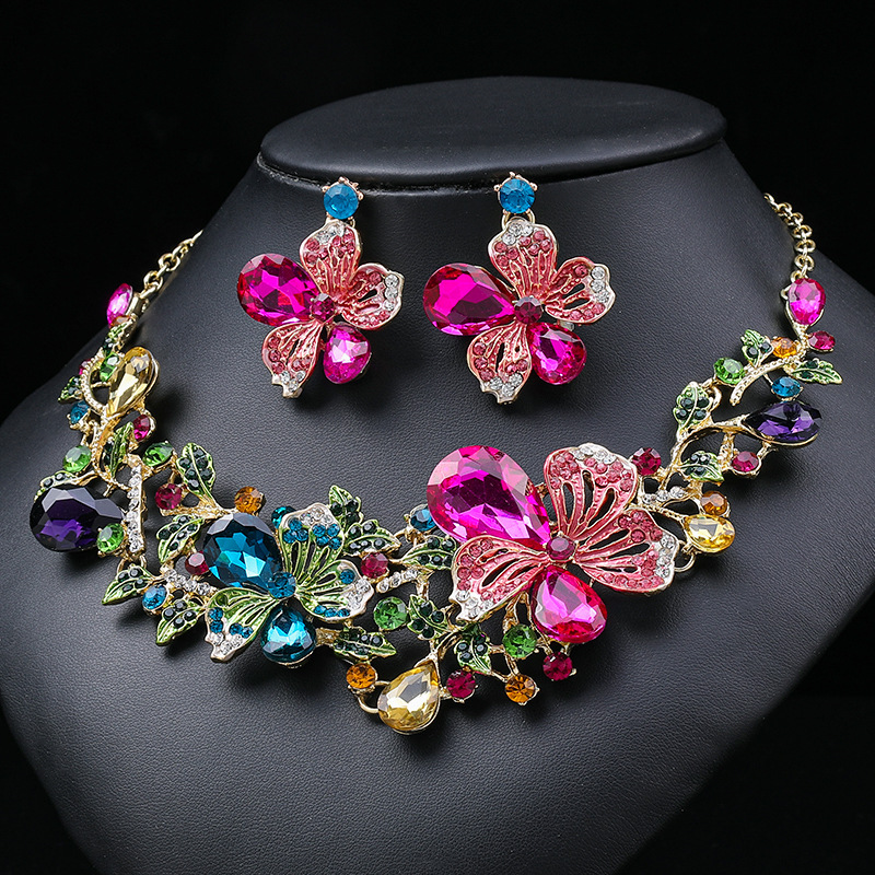 

3pcs/ Set Fashion Jewelry - Multicolor Rhinestone Flower Necklace & Earrings - Bridal Oil Painting Gem Clavicle Chain - Wedding, Banquet, Party Gift For Her