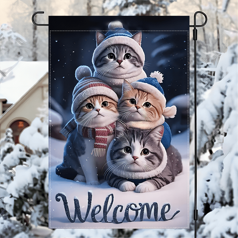 

1pc Warm Welcome To The Winter Garden Flag, Kittens For Winter And Double Sided Waterproof Burlap Flag 12x18inch
