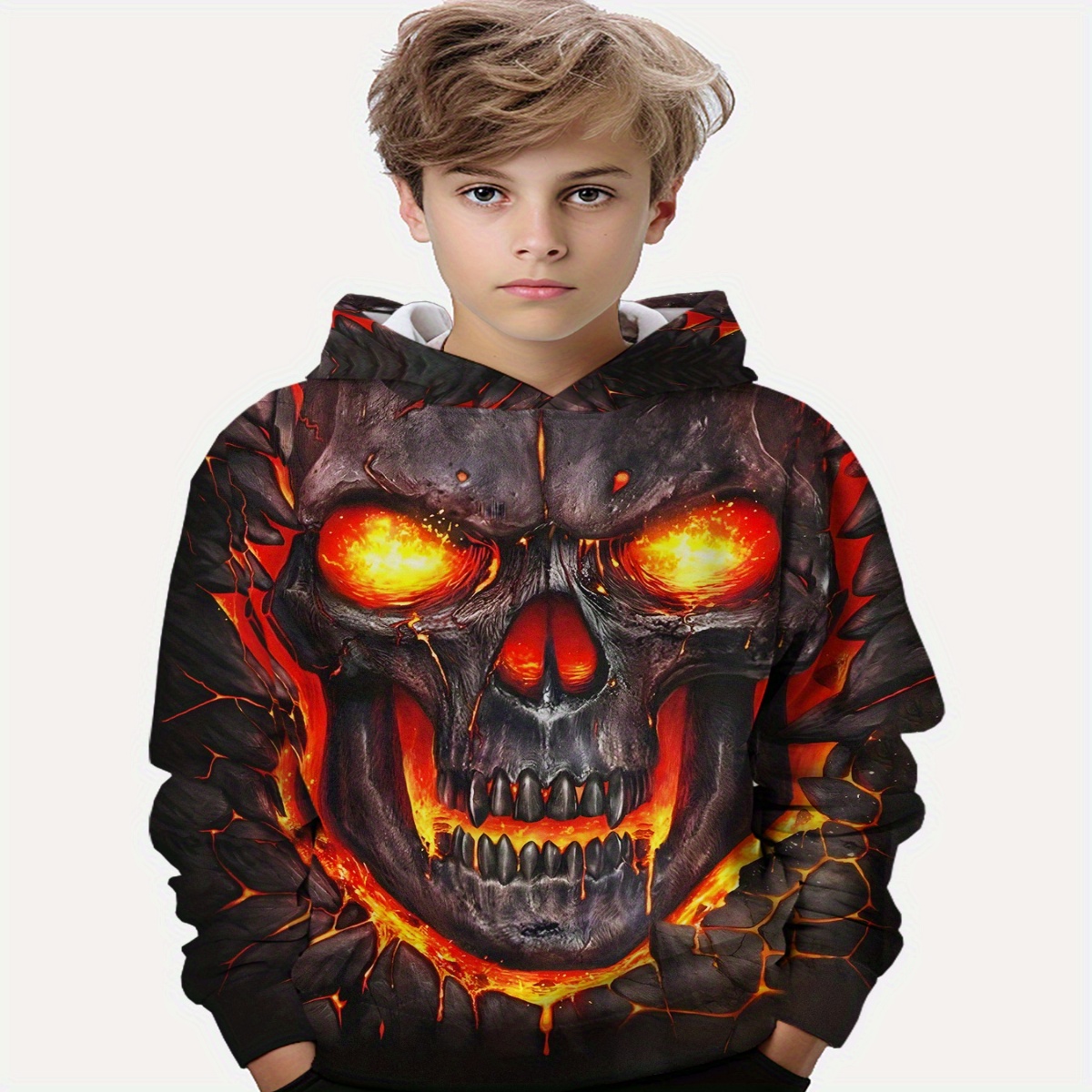 

Novelty Cool Flame Skull 3d Print Boys Long Sleeve Hoodie, Stay Stylish And Cozy Sweatshirt - Perfect Spring Fall Essential For Your Fashionista!