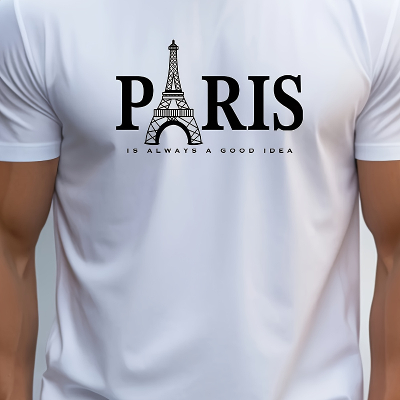 

Paris Graphic Tee For Men - Casual Short Sleeve, Round Neck T-shirt With Letter Print, Breathable Polyester Fabric